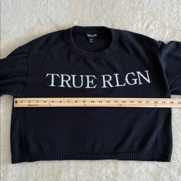 True Religion Sweater Size S Navy Cropped Crew Neck Pullover Streetwear Urban - Picture 8 of 9